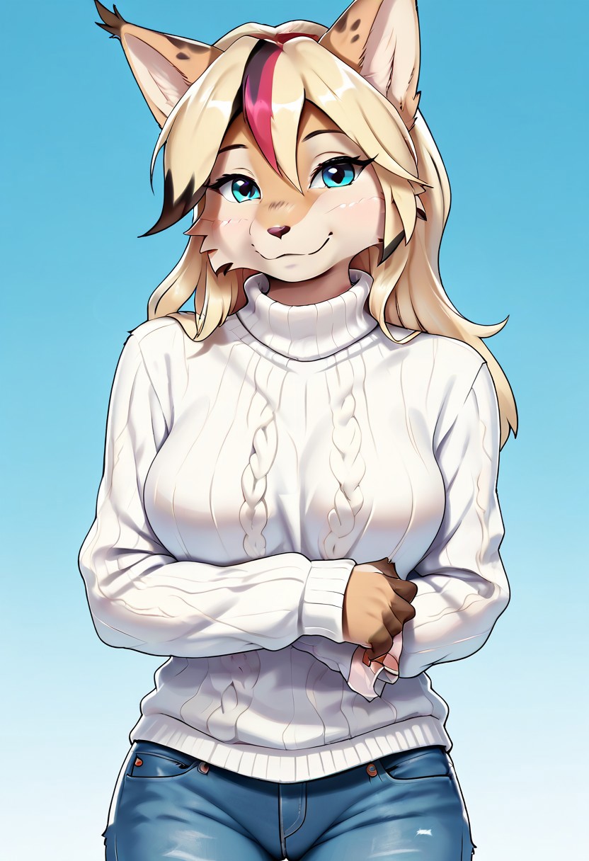 digital_media_(artwork) hi_res, zPDXL2, score_9, score_8_up, score_7_up, score_6_up, score_5_up, score_4_up, rating_safe, beautiful, anthro, furry, female, detailed textured fur, fur tufts, fluffy, slim, slender, cute, sweater, baggy denim jeans, beautiful blue eyes, detailed eyes, smile, solo, SFW, lynx, long blonde hair, multicolored hair, streaked hair, absurdres, highres,