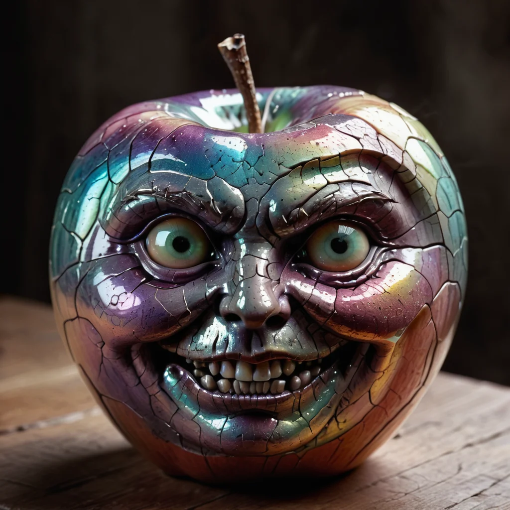 iridescent porcelain apple with a mad face, muted wet colors, intricate artwork, impressive, whimsical, intense back light, dreamy masterwork by head of prompt engineering <lora:krawcked_skn:0.8> krawcked_skn