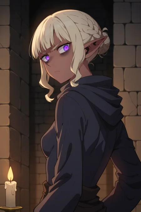 score_9, score_8_up, score_7_up, source_anime, 1girl, prefect lighting, very aesthetic, intricate details, highly detailed background, masterpiece, high quality, prefect hands, best quality, solo,
<lora:Thistle_Dungeon_Meshi_V1_r2-000007:.85>, pointy ears, light red skin, dark-skinned female, dark skin, purple eyes, cream hair, blunt bangs, sidelocks, braid, hair bun, bags under eyes, glowing eyes,
long sleeve, black poncho,
tired, standing, hand on own hip, from front, POV, disgust, looking back,
dungeon, stone wall, dark, candles, dimly lit,
(Beautiful, small Breasts:1.2), natural breasts,