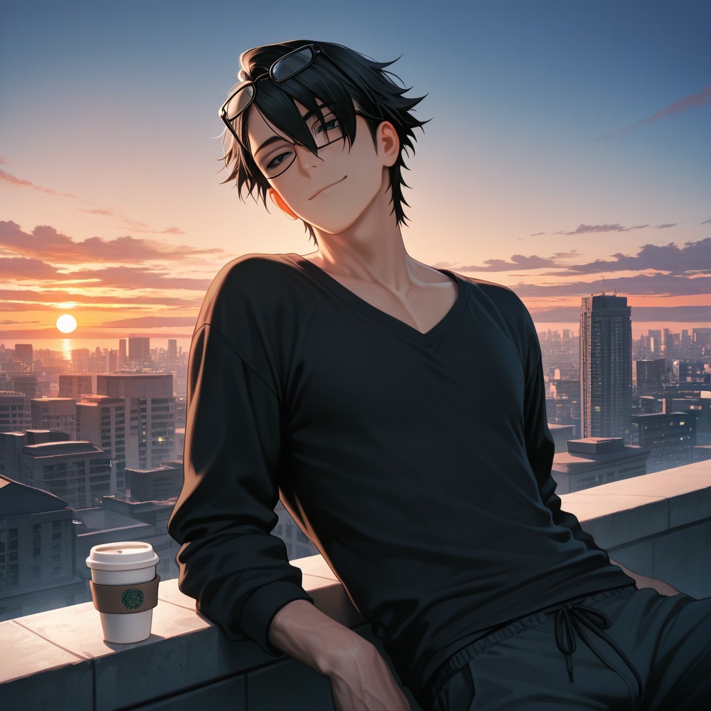 masterpiece, best quality, amazing quality, absurdres, newest, detailed background, definition so sharp, Ultra-HD, 8K cinematic, very awa, impressionate, amazing quality, highres, 
solo, male focus, manly, 
saruhikofushimi, saruhiko_black hair, saruhiko_black eyes, 1boy, short hair, glasses \(on head\), leaning back, relaxed pose, slight smile, casual outfit, coffee cup, rooftop, city view, sunset, cool colors, calm, intelligent, charming, slightly sexy