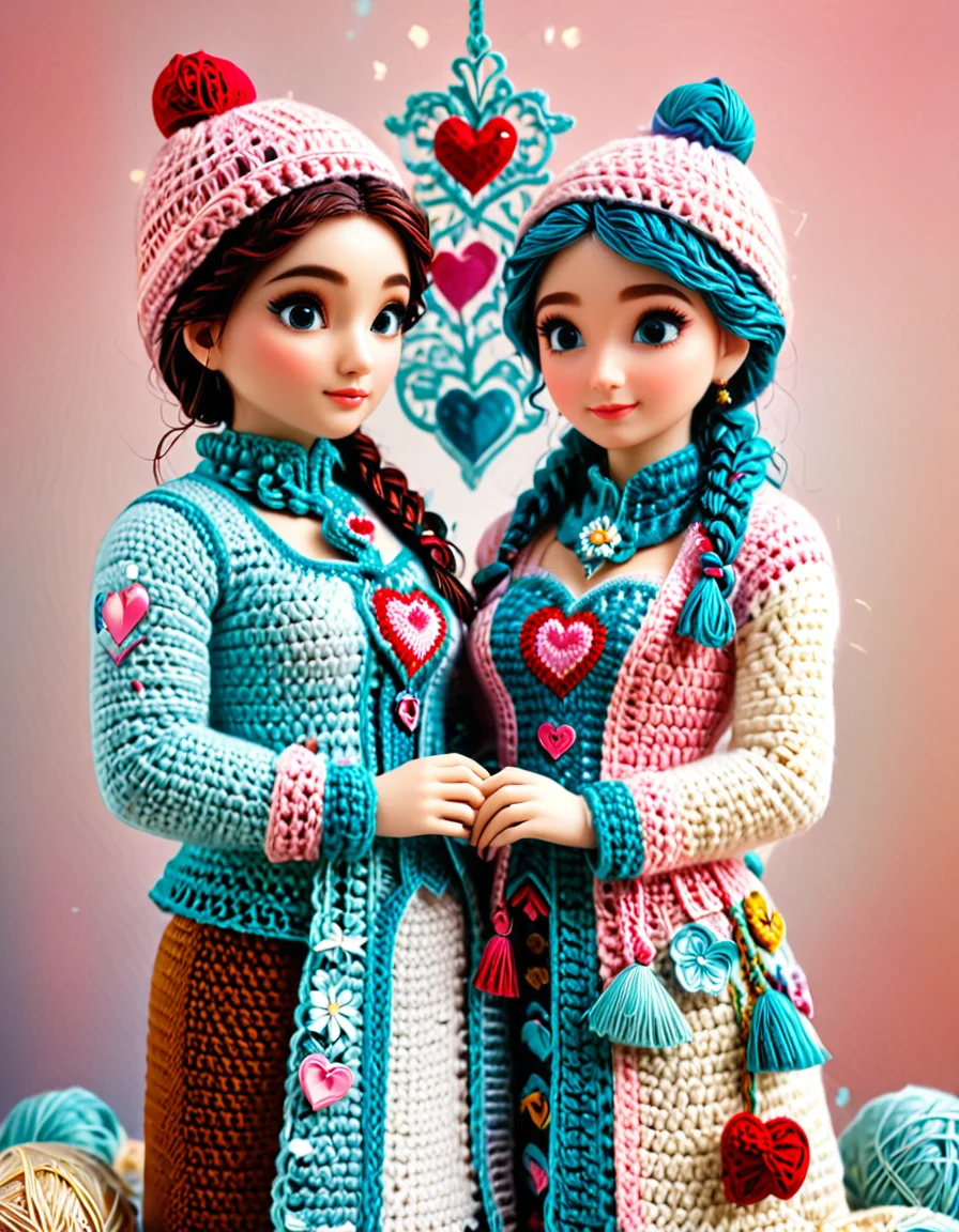 Life-sized crocheted couples frozen in awkward, imperfect poses; hands barely touching, misaligned eyes, and distorted hearts floating above them; soft pastel colors; delicate crochet textures combined with resin transparency; surreal yet tender; humorous yet introspective; celebrating human flaws. <lora:SDXLFaeTastic2400:0.4> <lora:extremely_detailed:0.4> extremely detailed, <lora:cr0ch3t3d:1>,cr0ch3t3d, Masterpiece,best quality,hi res,8k,hi res,8k,award winning,(sharp focus, intricate, highly detailed),
