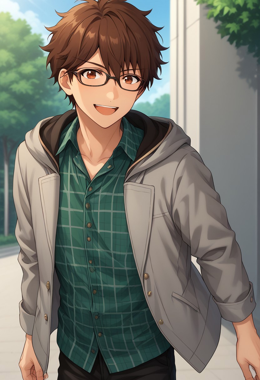 score_9, score_8_up, score_7_up, source_anime, highly detailed, 
chiaki, 1boy, male focus, brown hair, glasses, solo, brown eyes, smile, shirt, plaid shirt, jacket, open mouth,
looking at viewer, pants, black pants, hood, plaid, green shirt, grey jacket,
outdoor, upper body,