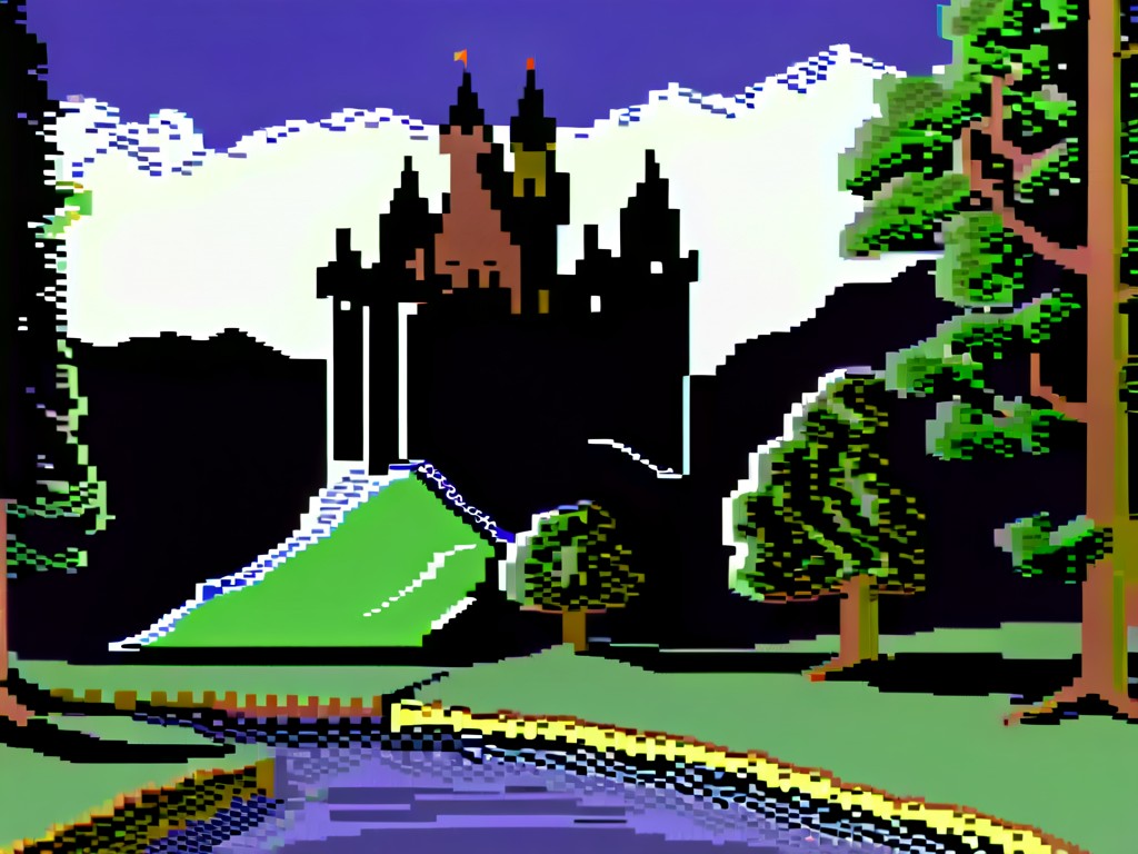 A medieval castle surrounded by a forest,64gr4ph1cs style,8-bit,pixel art<lora:C64XL-000005:1.0>