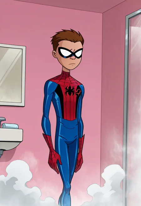 masterpiece,best quality, amazing quality, 1boy, fit, slim body, solo, male focus, Peter, Brown Hair, Brown Eyes, Spiderboy, Bodysuit, Red Bodysuit, Blue Bodysuit, Domino Mask, White Eyes, No Pupils, venom, bathroom, foggy, steam, daytime, shower,