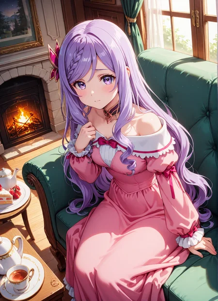 source_anime BREAK prefect lighting,very aesthetic,prefect hands,best quality,
intricate details,highly detailed background,(masterpiece:0.9),high quality,lustrous_skin,skindentation,(zPDXL3),
ultra delicate hair,
face_detail,
skin_detail,<lora:cfg_scale_boost>,
lustrous_skin,skindentation,
shiny skin,
<lora:seirei_gensouki_-_flora_beltrum_il:0.7>,flora_beltrum,very_long_hair,purple_hair,swept_bangs,braided_bangs,hair_ornament,purple_eyes,
choker,bow,pink_dress,off-shoulder_dress,frills,
masterpiece,best quality,ultra-detailed,Best-A,Medium-B,Low-C,Bad-D,cute,light_blush,dynamic_angle,
looking at viewer,indoor,couch,bedroom,fireplace,window_,curtains,teapot,cup,cake,sitting,