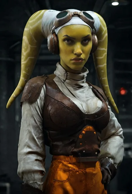 score_9, score_8_up, score_7_up, score_6_up, close shot, photo, realistic face, pretty face, 1girl, hera syndulla, (green skin:1.3), belt, boots, brown gloves, orange pants, vest, large breasts, hand on hip, holding gun, ExpresHGothicNeonIncase, star wars