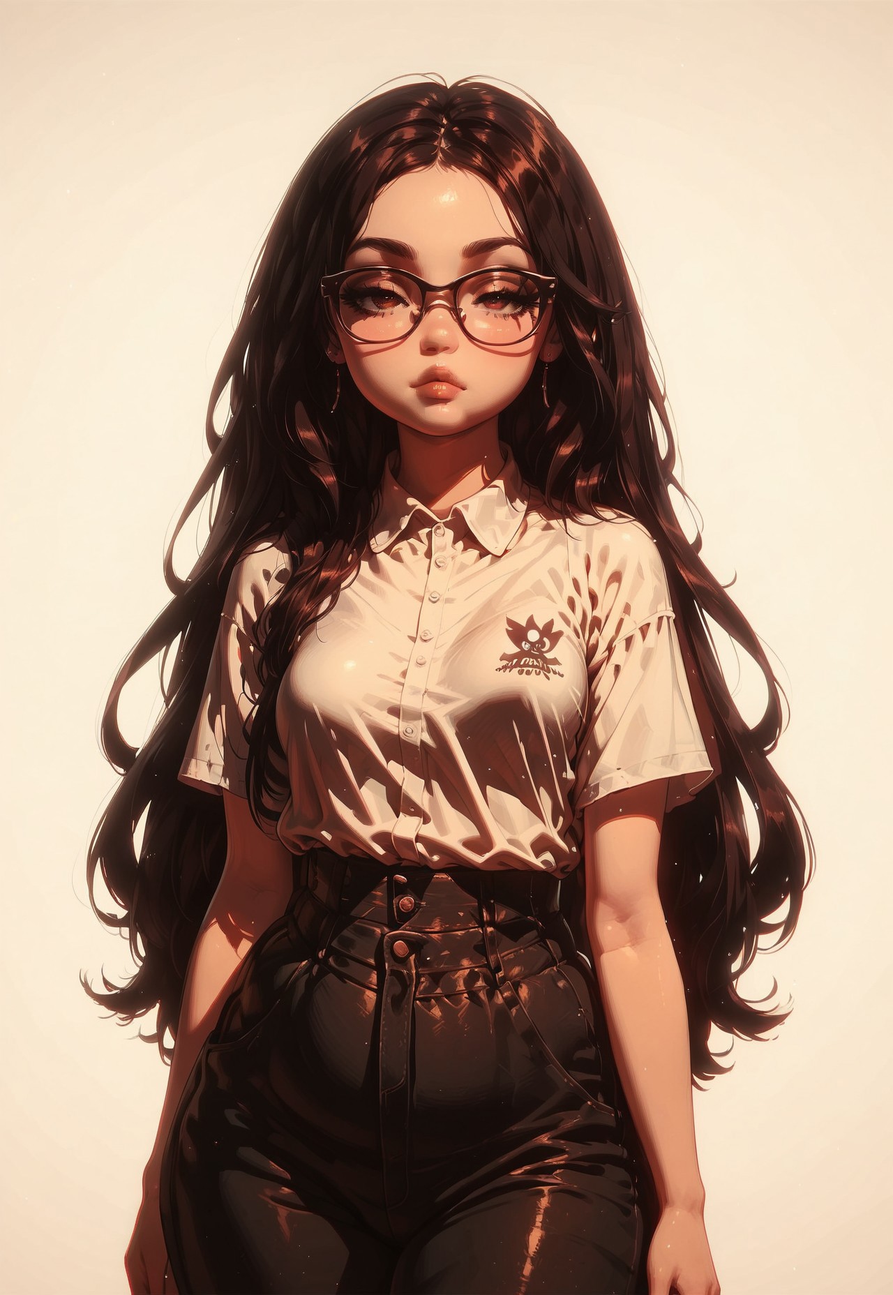 score_9, score_8_up, score_7_up, score_6_up, 1girl, pretty girl, kawai face, cute face, beautiful eyes, simple background, half-closed eyes, raytracing, ambient occlusion, chubby, fat, small breasts, narrow waist, wide hips, thick thighs, oversized square glasses, long hair, collared t-shirt, short sleeves, baggy pants,