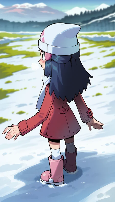 score_9,score_8_up,score_7_up,
highres,highly detailed,
<lora:hikaridawn:0.8>,
hikaridawn,
1girl,solo,
navy blue hair,long hair,
parted lips,(steam:1.2),blush,looking looking ahead,
white beanie,pink hair clips,red overcoat,white scarf,
white kneehighs,light pink boots,
full body,standing,from above,standing on edge,back view,in peak of mountain,
blurry background,vignetting,outdoors,snowfield,snow,winter,footprints,light particles,snowing,mist,fog,landscape,
