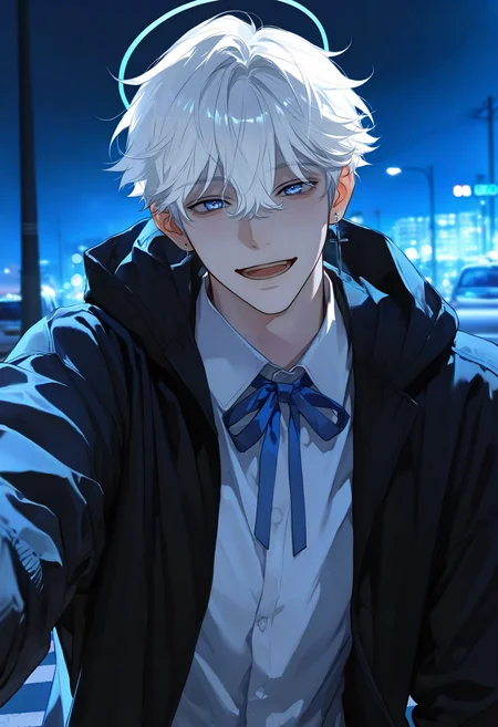 <lora:KoreanStyleSDXLvpred10:1>, AiKoreanStyle, crosswalk, 1boy, halo, cross earrings, male focus, outdoors, jewelry, looking at viewer, road sign, traffic light, lamppost, white hair, night, smile, street, building, blue eyes, outstretched arm, hood, hair between eyes, collared shirt, neck ribbon, black hoodie, motor vehicle, short hair, outstretched hand, reaching towards viewer, parted lips, long sleeves, city, open mouth, blue ribbon, utility pole, sky, white shirt, car, black jacket, bokeh, blurry background, blue theme, depth of field, (very dark lighting, dim lighting), aesthetic, very aesthetic, masterpiece, best quality, year 2024, newest, highres, absurdres, very awa,