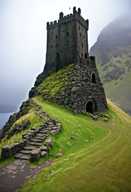 <lora:TheWeirdies_epoch_10:0.55> , advntr , epiCPhotoGasm-colorfulPhoto,
score_9, score_8_up, score_7_up, score_6_up
Durlag's Tower was a large tower that was said to be haunted by a powerful entity, as well as one that housed immeasurable treasure. The fortress was located south of the Wood of Sharp Teeth, a couple of miles from the small settlement of Gullykin. The tower was built entirely of volcanic stone and was in fair condition given the amount of time and neglect involved. It laid atop a volcanic plug that dominated the surrounding lands. Durlag Trollkiller, aided by hired dwarves, was said to have hollowed out the mountain for the rock that made up his tower and used the space created to hide further treasure. This local landmark was the isolated keep of Durlag Trollkiller, son of Bolhur the Clanless, (((massive hairy chode))), a dwarven hero said to have amassed a large quantity of treasure and stored it here and in a few other locations. This treasure was protected by all manner of magical wards and mechanical traps, the latter of Durlag's own devising. Many adventurers sought his treasure over the decades, with varying degrees of success. Around 1372 DR, rumors said a fiend had taken up residence within the remains of the tower and used the defenses created by Durlag to keep both itself and the treasure safe. Some claimed that this creature was a lich.
no humans