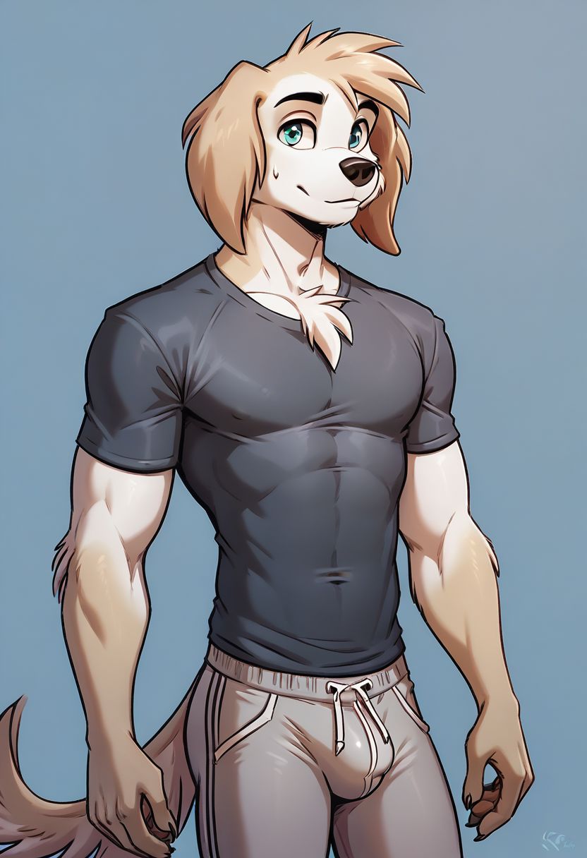 score_9, score_8_up, score_8, 1boy, Sebastian, anthro dog, smooth, highly detailed, perfect, tight T-shirt, grey sweatpants,