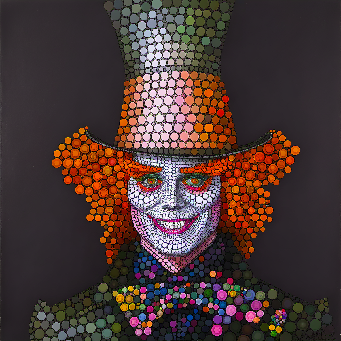 dotart, joker, half body, smile, green and orange hat, green eyes, black background, colorful, clown,<lora:Dor_Art:1>
