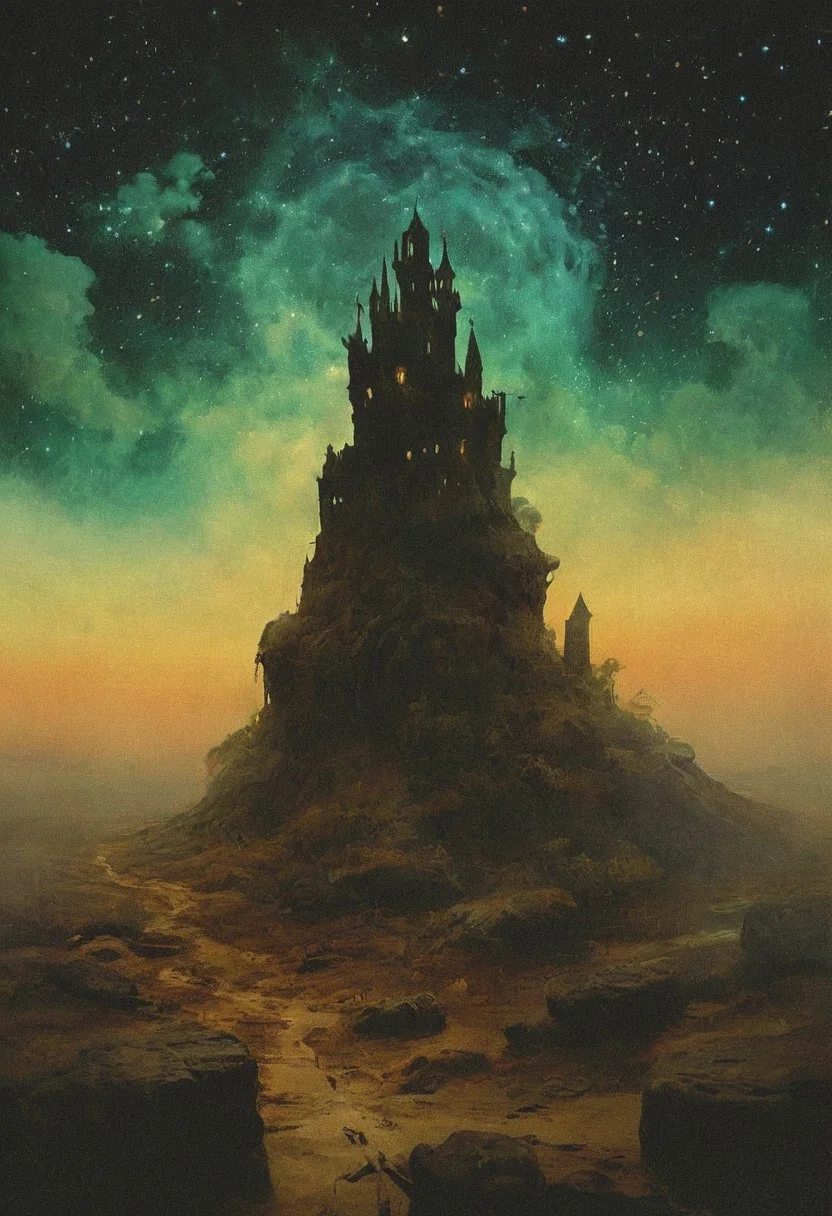 A desolate void where the boundaries between life and death are blurred, and the sky is a swirling mass of dark clouds and distant stars. Floating islands of crumbling stone drift through the void, each one home to a forgotten memory or a lost soul. The air is cold and thin, and the only sound is the distant wail of spirits lost between realms. The Knight navigates the void, leaping from island to island, pursued by shadows that seem to grow larger and more menacing with each passing moment.
, the scene is captured in dimly lit dark fantasy but vibrant colors, with bold ink lines defining form against the watercolor wash of the aged paper