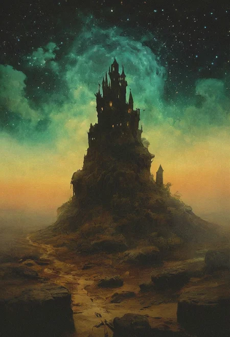 A desolate void where the boundaries between life and death are blurred, and the sky is a swirling mass of dark clouds and distant stars. Floating islands of crumbling stone drift through the void, each one home to a forgotten memory or a lost soul. The air is cold and thin, and the only sound is the distant wail of spirits lost between realms. The Knight navigates the void, leaping from island to island, pursued by shadows that seem to grow larger and more menacing with each passing moment.
, the scene is captured in dimly lit dark fantasy but vibrant colors, with bold ink lines defining form against the watercolor wash of the aged paper