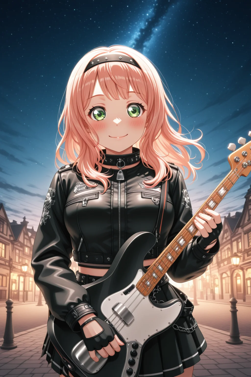 masterpiece, best quality, amazing quality, 1girl, solo, makeup, general, looking at viewer, cowboy shot, blush, smile, playful pose, european street, sky, dynamic angle, bass guitar, holding instrument, playing instrument, starry, energetic pose, midriff, dynamic performance, <lora:Uehara_Himari_Ban_Dori:1>, Uehara_Himari_Ban_Dori, green eyes, pink hair, long hair, breasts, punk fashion, black jacket, pleated skirt, fingerless gloves, hairband ribbon, youthful energy, <lora:wai-2Rectified-V140:1>, <lora:illustrious_noobai_epsilon_pred_1_masterpieces_v1:1>