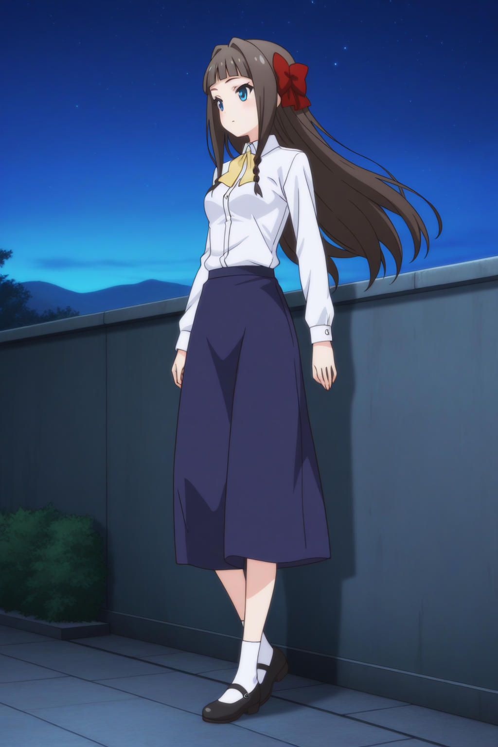 (white dress shirt blue long skirt mary janes:1.50), 
pc-asuka, blue eyes, brown hair, red hairbow, 
medium breasts, 1girl, solo, skinny,
(masterpiece, best quality, absurdres, high quality, highres, anime, anime style), 
BREAK,
(horny:1.10),
BREAK,
(night sky outdoors:1.00),
BREAK,
(:1.60),
BREAK,
(feet:0.80), 
<lora:pc-asuka-V04-illXL:1.00>