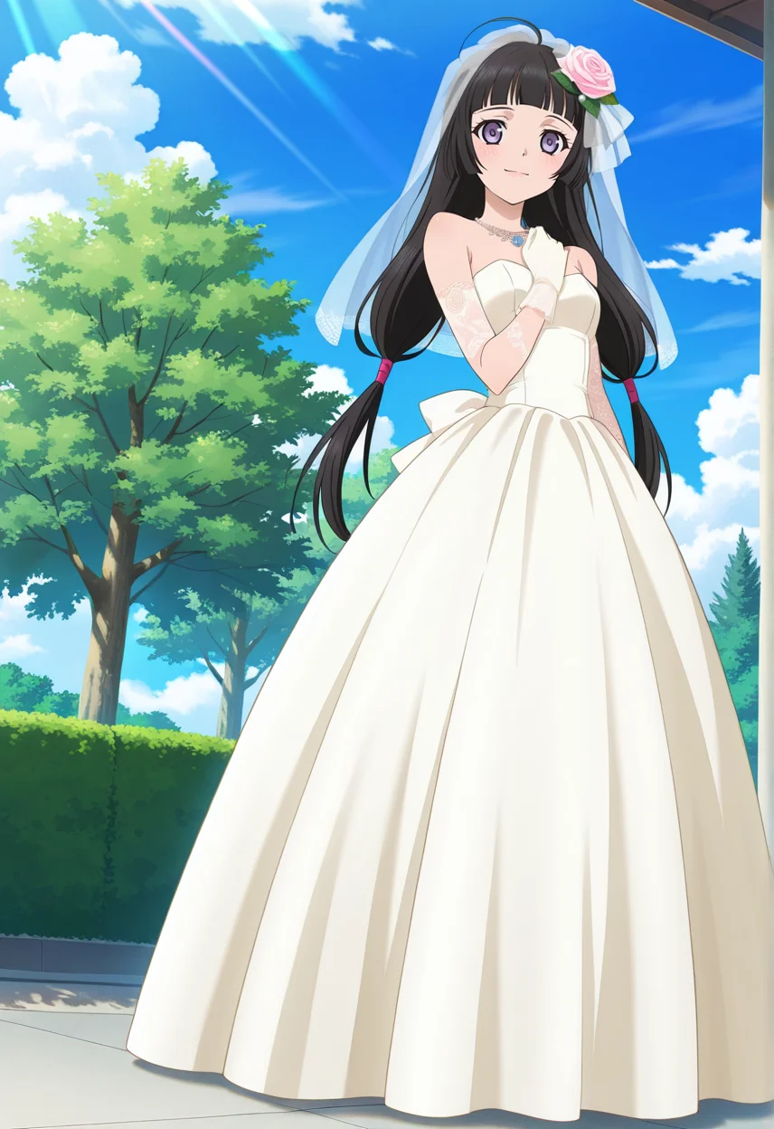 light smile, blush, hand on chest,
full body, dynamic angle, from below,
BREAK,
<lora:kohak_illustriousXL_v03:1>
kohakrnd, black hair, purple eyes, blunt bangs, ahoge, low tied hair, bridal veil, twintails, very long hair,
kohakwed, lace, wedding dress, sleeveless, bare shoulders, translucent armwear, white gloves, laces, necklace, hair rose,, source_anime, very aesthetic, anime coloring, masterpiece,
best quality, amazing quality, ultra detailed, very aesthetic,
detailed background,
BREAK,, street, trees, clouds, day,