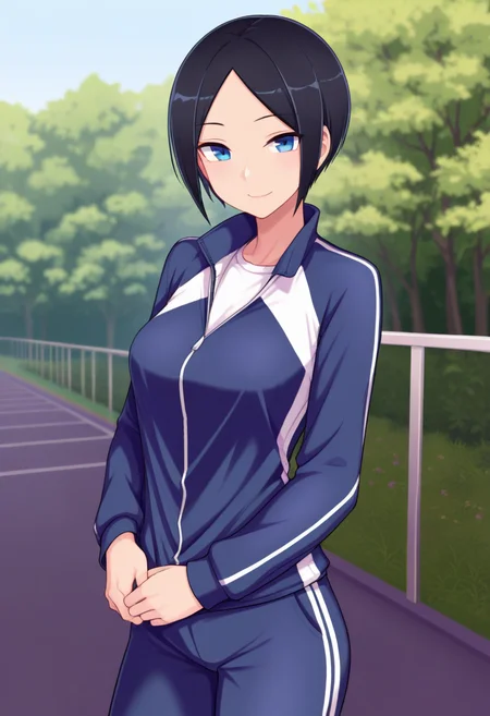 masterpiece, best quality, amazing quality, 1girl, solo, cowboy shot, eriww, blue eyes, black hair, short hair, parted bangs, medium breasts, track jacket, track suit, track pants, looking at viewer, smile, outdoors, day, skindentation, detailed clothing folds, depth of field, sharp, high contrast, dynamic light <lora:Eri_Todo_Iitai_Koto_wa_ill_v21:0.9>