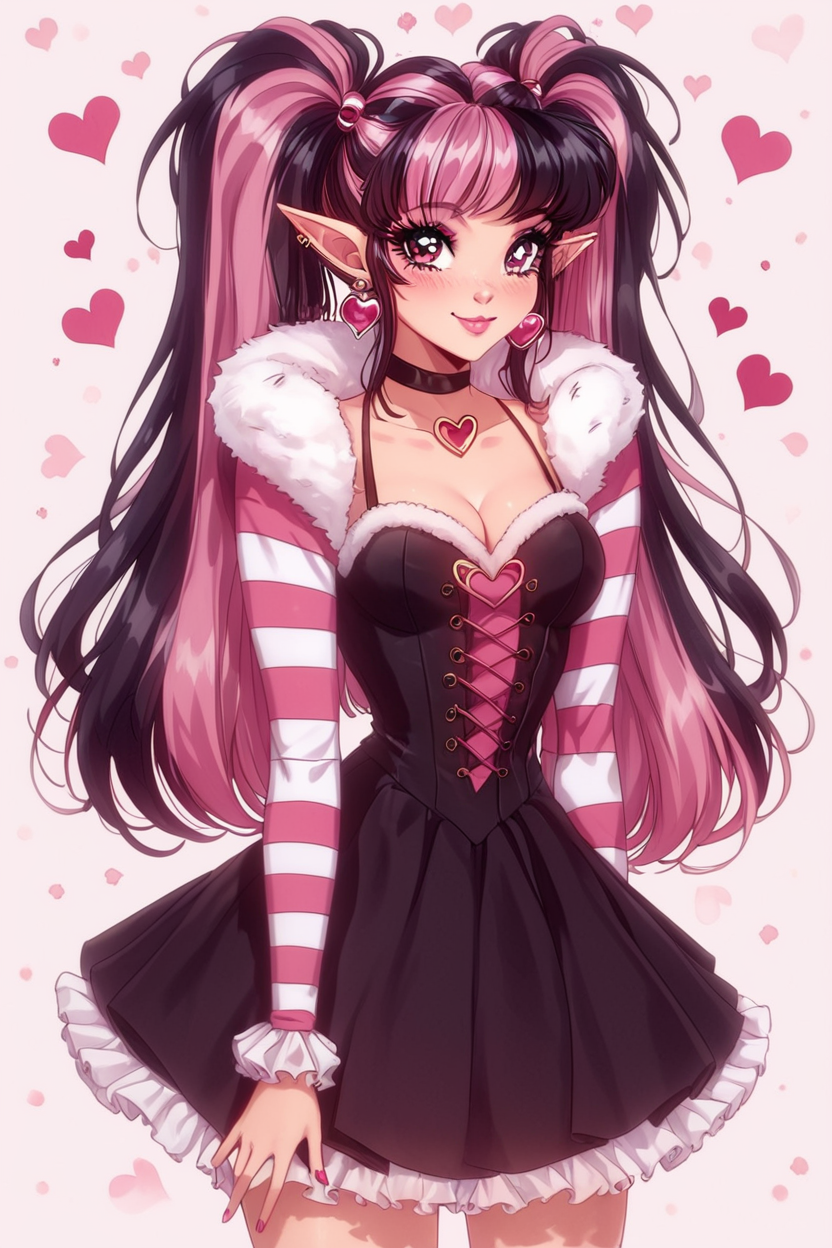 score_9, score_8_up, score_8, medium breasts, (curvy), cute, eyelashes,       BREAK, , zzDraculaura, black hair, twintails, multicolored hair, two-tone hair, streaked hair, long hair, pink hair, pointy ears, retro artstyle, 1990s (style),  cleavage, jewelry, heart, earrings, black choker, frills, striped, fur trim, makeup, heart earrings, striped sleeves, black dress,    <lora:NewDraculaura_PDXL:1.0>,, BREAK, smile, closed mouth, looking at viewer, cowboy shot, ,,, embedding:zPDXL, Expressiveh, ,,, <lora:Puppypaww_Style_PDXL_v2:0.8>, <lora:SDXLFaeTastic2400:0.5>, <lora:Expressive_H-000001:0.4>,