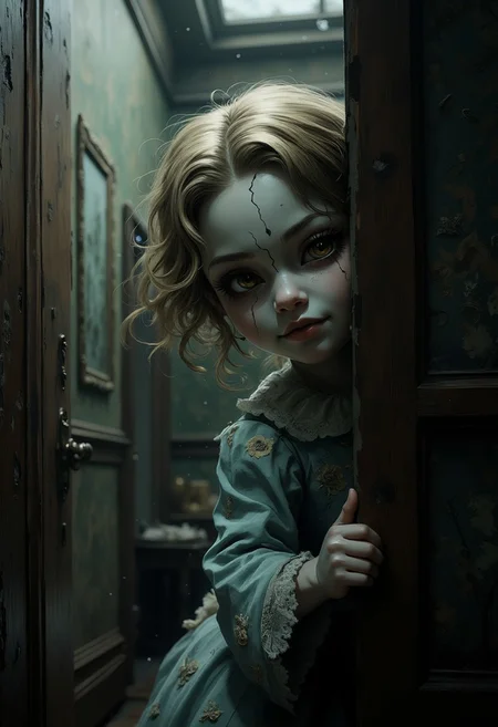 Create an intricately detailed, hyper-realistic head-and-shoulders portrait of an aging, cracked Victorian-era porcelain and paper-mâché doll. She is small in stature, no bigger than a small child and peers around the edge of a dark wooden doorway, her delicate porcelain fingers barely visible as they grip the frame. A deep, jagged crack splits her forehead, and her glossy black void-like eyes lock onto the viewer with a sinister, knowing grin. A cold, unnatural glow from behind silhouettes her figure, casting an eerie halo around her wild, dust-matted curls. Her once-elegant Victorian gown, adorned with tattered lace and intricate embroidery, clings to her fragile frame, the frayed edges barely catching the dim light. The peeling wallpaper behind her reveals darkened wood panels, their surfaces warped with time. Wisps of dust swirl in the air, illuminated by the unsettling backlight, as faint whispers seem to emanate from the shadowed hallway beyond. The air is thick with haunting elegance, a perfect balance of beauty and creeping dread as she lingers in the doorway, watching… waiting.