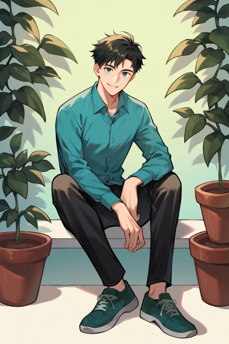score_9, score_8_up, score_7_up, score_6_up, score_5_up, score_4_up, rating_safe, solo, 1boy, plant, shirt, male focus, shoes, black hair, pants, black pants, sitting, green footwear, collared shirt, potted plant, aqua shirt, blue shirt, shadow, long sleeves, looking at viewer, smile, short hair, green background, full body, green theme <lora:Smooth Anime Style LoRA XL:0.7>