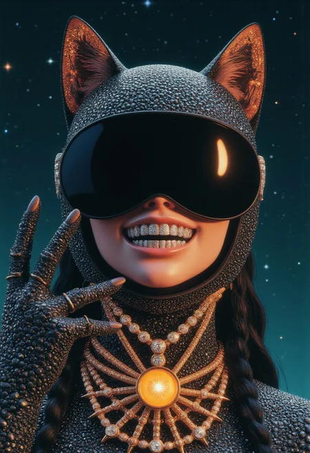 A shadow cat in the void, her paws hold the sky,
No face, no mercy, just a hollow black eye.
Stars scatter like ashes, caught in her grip,
She’s the end and beginning, the tightening slip.
Faceless goddess with teeth grill Gr!llz, dressed to kill,
A fur-lined queen in a cosmic still.
She births and burns, she turns the tide,
With a universe dying inside.
Her armor whispers, black as the night,
The weight of creation, a terrible might.
Fingers poised to crush what she gave,
A cradle to dust, a galaxy’s grave.
Twinkling stars in the chaos behind,
Colorful daggers in the blackest mind.
A camera’s gaze, locked, divine—
Level with power, destruction entwined.
Faceless goddess, dressed to kill,
A fur-lined queen in a cosmic still.
She births and burns, she turns the tide,
With a universe dying inside.
Wide and sharp, every detail sings,
The dark-turqoise and orange light bends low as the final bell rings.
She holds it close, her masterpiece undone,
A faceless goddess, eclipsing the Backlit backlight sun.