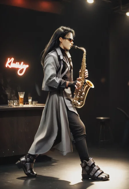 score_9, score_8_up, score_7_up, SH_S4X, hugbaldw, cutoff jacket, body harness with holy cross design, long black hair, charcoal greaves, gray skirt, black shirt, black pants, black fingerless gloves, long legs, slender legs, playing saxophone, wearing sunglasses, indoors, on stage, bar, neon sign