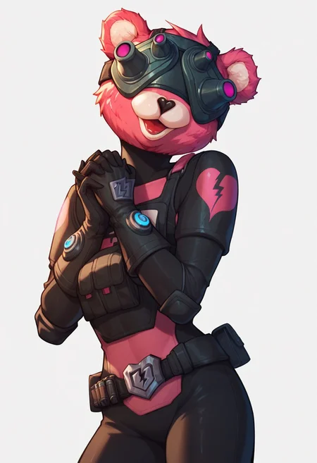 score_9, score_8_up, score_7_up, 1girl, solo, gloves, belt, animal ears, white background, simple background, own hands together, bear, bear mask, mask, goggles, bear ears, bodysuit, black bodysuit, cuddleteamspecialistsdxl