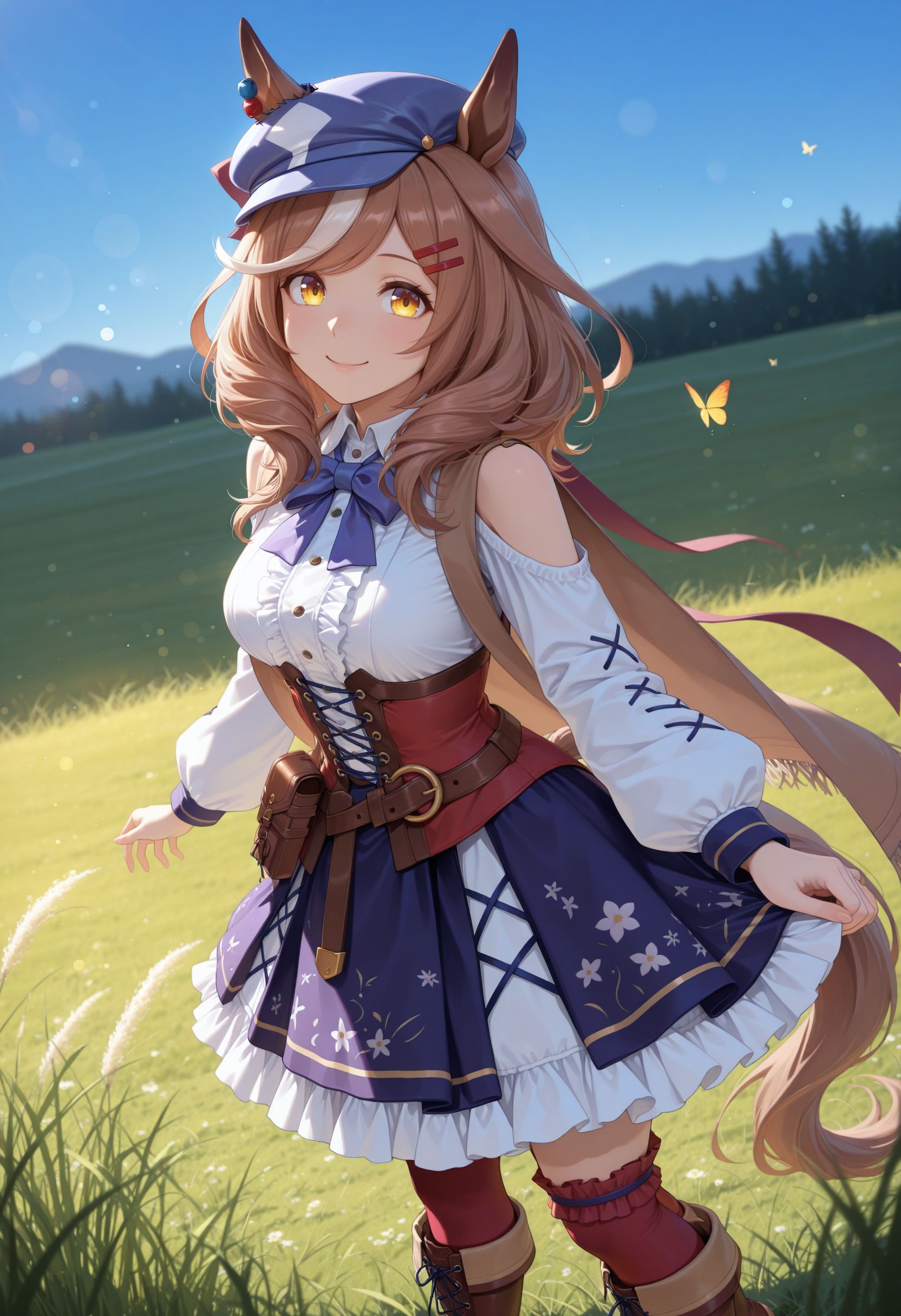 masterpiece,best quality,absurdres,highres,very aesthetic,high quality,detailed,insanely detailed,beautiful,perfect lighting, ,depth of field,blurry background,bokeh, looking at viewer, smile, grass, tall grass, blue sky, butterfly, standing
 <lora:Matikane Tannhause illu v3:1> 1girl, medium breasts, yellow eyes, white hair, multicolored hair, medium hair, streaked hair, animal ears, horse ears, horse tail, blue headwear, cabbie hat, ears through headwear, hair ornament, hairclip, blue bow, clothing cutout, shoulder cutout, long sleeves, brown cape,, white shirt, puffy sleeves, center frills, frills, corset, blue bowtie, belt pouch, blue skirt, frilled skirt, boots, red socks, brown footwear