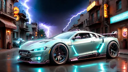 Hyperrealistic art A sci-fi future sportscar in chameleon paint that changes colors with the light, passing by at light speed. The camera is positioned from the front (camera from front:1.3), capturing the neon flash and motion trail of the car. In the background, a futuristic cityscape is illuminated by neon lights, stars, and cosmic art (stars and a future city in the background:1.3). The scene is enhanced by motion blur, epic visual effects, interstellar flow, and detailed scifi elements. The dark, vibrant colors of the car and city contrast with the glowing stars and star blast. The cinematic scene includes lens flare, god rays, glowing neon elements, and sparks. The full moon night is stormy, with lightning adding dramatic lighting. The scene is ultra detailed with a shallow depth of field and a detailed background, rendered in dark noir style with HDR, RAW quality, ray tracing reflections, sharp focus, and ultra realism.
<lora:dreamcolor:0.3> <lora:style:0.3> <lora:EDG_-_Test_Lora:0.3> <lora:SDXLHighDetail_v5:1> <lora:LowRA:1> <lora:ste4mpunk:1> . Extremely high-resolution details, photographic, realism pushed to extreme, fine texture, incredibly lifelike
