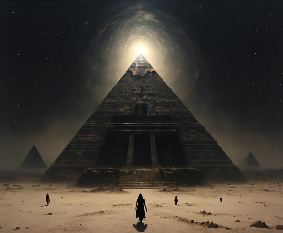 a pyramid in the desert with people walking around it, surreal dark art, cloudy and mystical, hip - hop album art cover, memory trapped in eternal time, golden dawn, ((dark fantasy, as above so below, album artwork, beyond time <lora:ArraSketchVol1.SDXL_epoch_10:1> <lora:d4rk01lXLP:1> d4rk01l