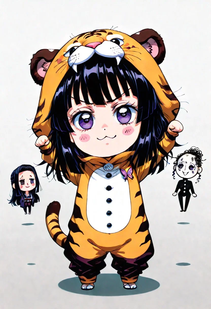 a doodle of a [chibi Shinobu from demon slayer has long black hair tied with a butterfly pin, purple eyes, and wears a tiger costume.] in a cute pose, scribble, messy, stickfigure, badly drawn, badly krayon colour. ezgdrw art style