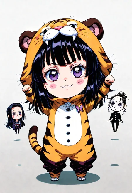 a doodle of a [chibi Shinobu from demon slayer has long black hair tied with a butterfly pin, purple eyes, and wears a tiger costume.] in a cute pose, scribble, messy, stickfigure, badly drawn, badly krayon colour. ezgdrw art style