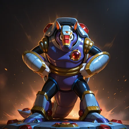 <lora:Armored_Armadillo_Megaman_X_Illustrious:1> Armored Armadillo, 1boy, fullbody, hands on own hips, looking at viewer, masterpiece, masterwork, mineshaft, control panel, red particles,( photorealistic, 8K CGI render),
