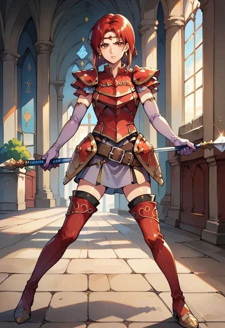 1girl, solo, alone, score_9, score_8_up, score_7_up, masterpiece, high quality, source_cartoon, very detailed,

MelFE, red hair, short hair, red eyes, circlet, earrings, jewelry, red armor, breastplate, shoulder armor, purple elbow gloves, brown belt, purple skirt, zettai ryouiki, black thighighs, red thigh boots, two-tone footwear,

full body, facing forward, serious, jumping at viewer, holding spear, polearm, action pose, dynamic pose,

interior, old castle, medieval castle, 