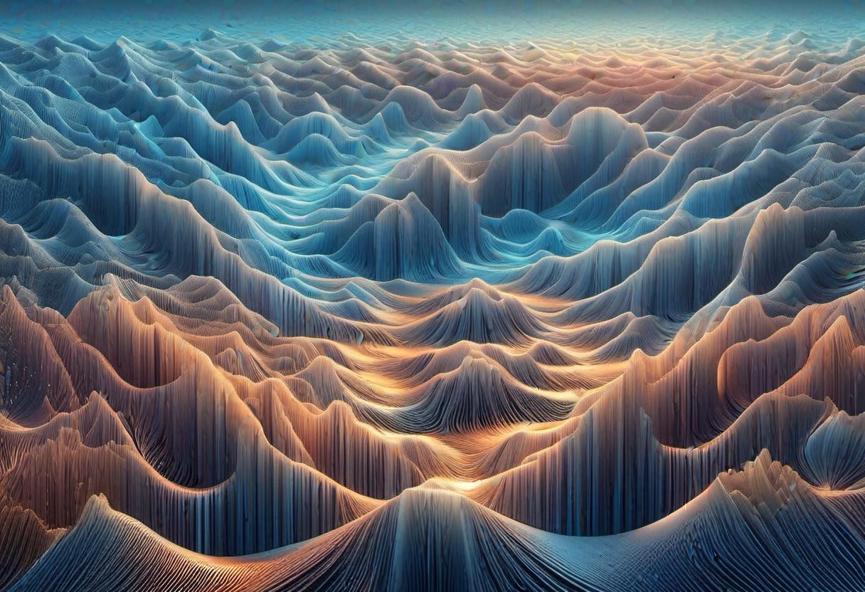 ((3d landscape by Alena Aenami)),beautiful sundown-colored palette,magical play of colored lights and shadows, cinematic compositions, double-exposure collages, Moody Urban Vivid Landscapes, final 3d render,(((masterpiece))),(((best quality))), ((ultra-detailed)), UHD,HDR,64K, --v 6"magical complex background, landscape formed with ((Navier-Stokes Equations))calculate the flow and thrust of our 4D effects, enabling us to create otherworldly atmospherics ,ultra-high resolution,.ambient occlusion, Laplacian,shimmering metallic surfaces,, a soft inner glow inside!! made from nylon strings on PET tube, top view, ((blue_crystal_color_palette)), mesmerizing optical illusion, by mc escher, inspired by mathematics, reflective catchlights,high-quality ,