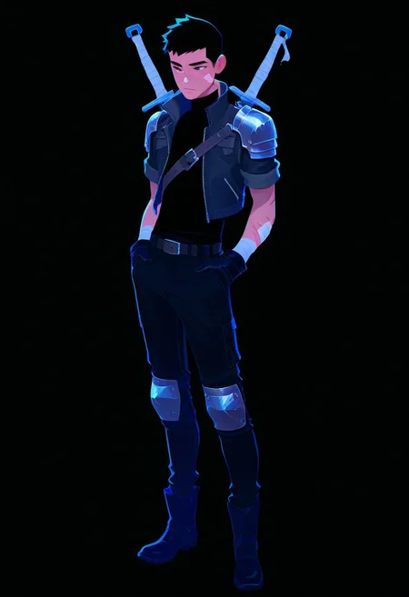 masterpiece, best quality, good quality, newest, very awa, 
solo, simple background, shirt, black hair, gloves, 1boy, standing, jacket, full body, weapon, short sleeves, male focus, boots, open clothes, black gloves, belt, pants, grey background, black footwear, armor, black shirt, turtleneck, scar, bandages, black pants, shoulder armor, bandaid, scar on face, hands in pockets, bandaid on face, knee pads, weapon on back,