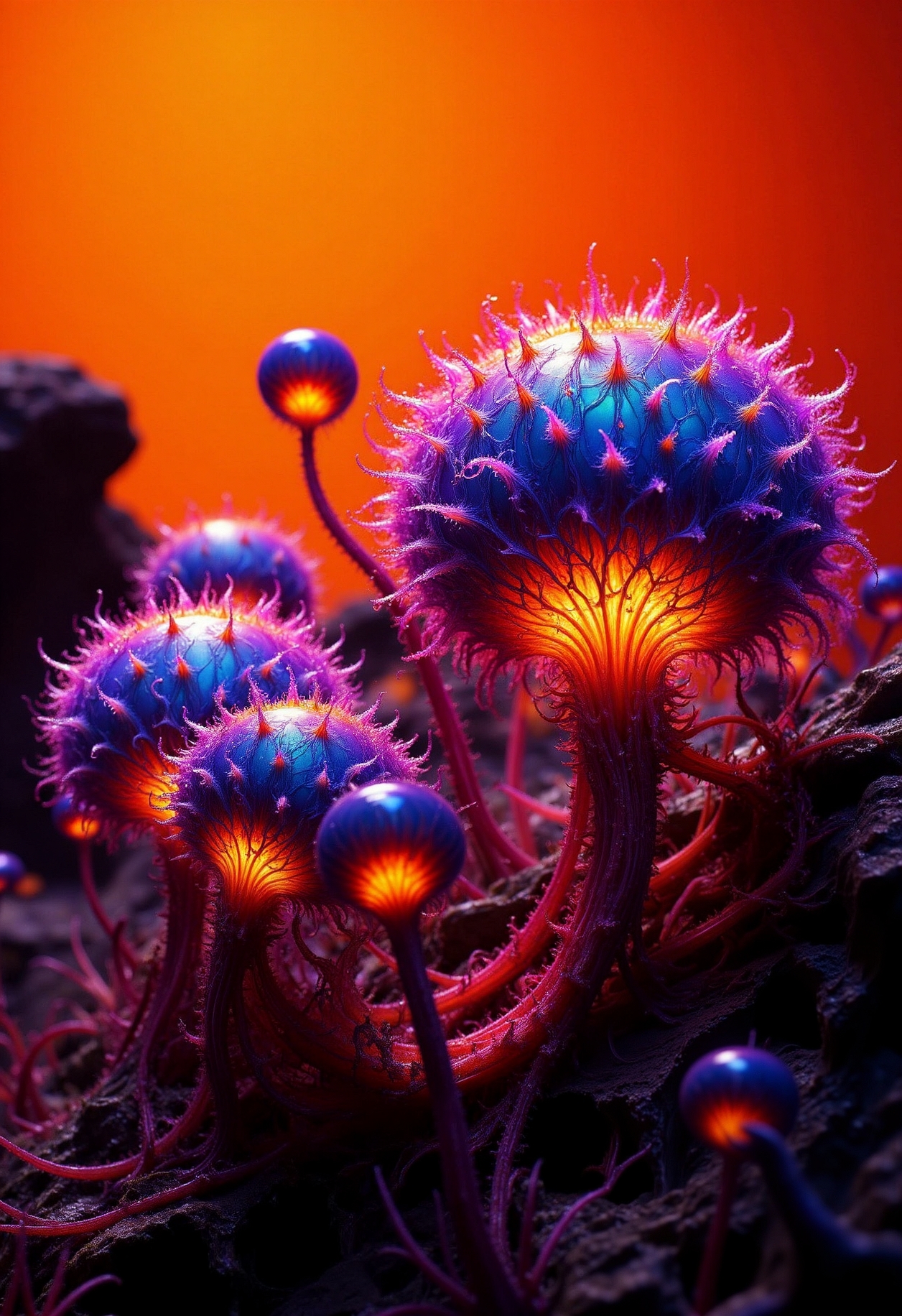High-resolution realistic macro photograph of bioluminecent glowing alienplants, orange background