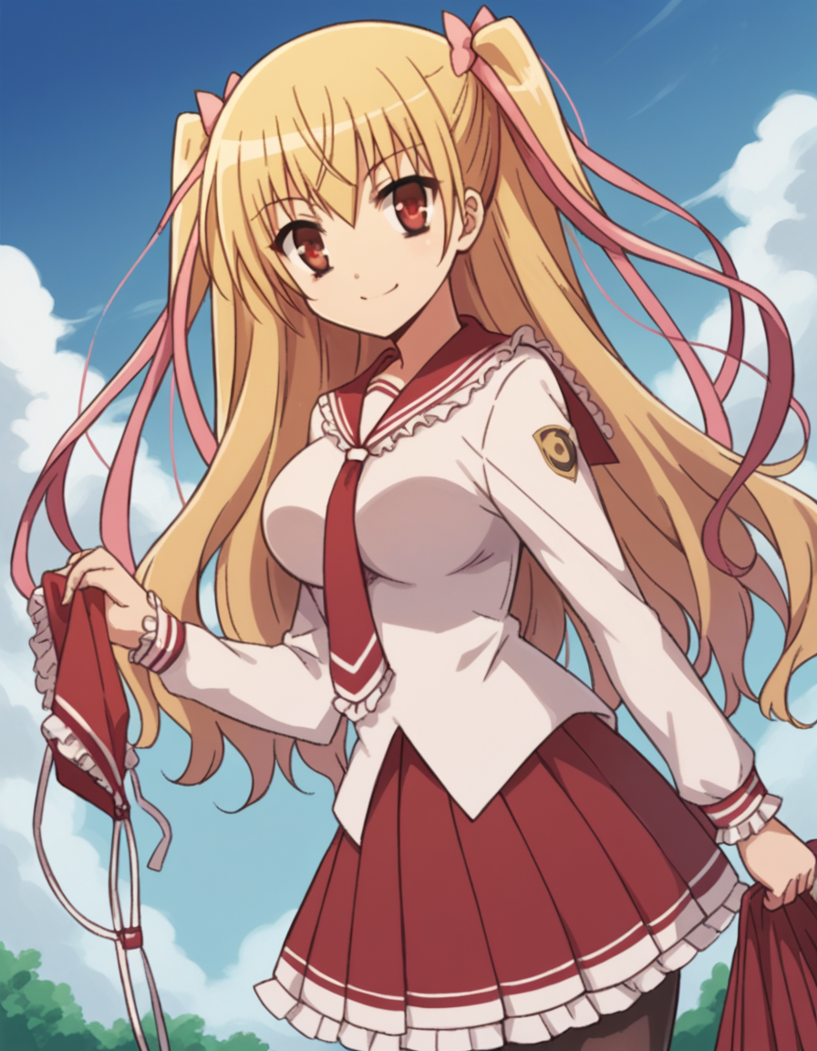 score_9, score_8_up, score_7_up, source_anime, <lora:riko-mine-s1-ponyxl-lora-nochekaiser:1>, riko mine, long hair, blonde hair, ribbon, red eyes, hair ribbon, twintails, two side up, large breasts,, skirt, school uniform, pantyhose, necktie, frills, serafuku, long sleeves, frilled sailor collar, red sailor collar, white shirt, red necktie, red skirt, pleated skirt, frilled skirt,, laundry day, clothesline, drying clothes, domestic life, fresh air, blue sky, smile, from side, looking at viewer, solo,, dutch angle, cowboy shot