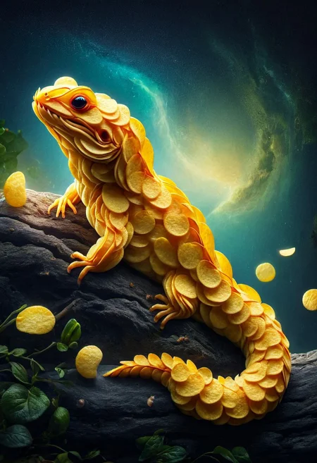 a cute salamander sitting on an apple. made out of potato chips, p1nkch1ps, enhanced textures, creative, beautiful, vibrant, masterpiece, 8k, Ultra HD, amazing details, amazing quality, amazing artist, sharp edges, detailed textures, full view, atmospheric lighting, amazing visuals