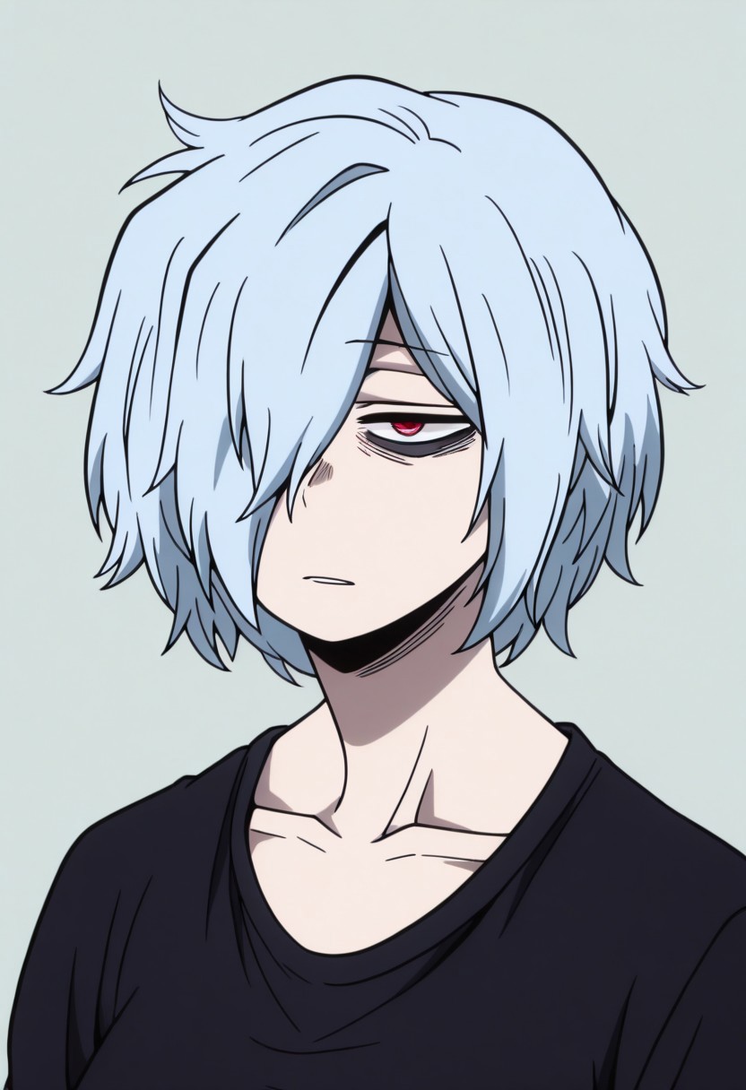 Adult woman, pale skin, red eyes, light blue hair, short hair, black t-shirt,  tall woman, solo, hair over one eye, slim body, small chest,  sleepy ash, portrait, flat color, bangs under eyes