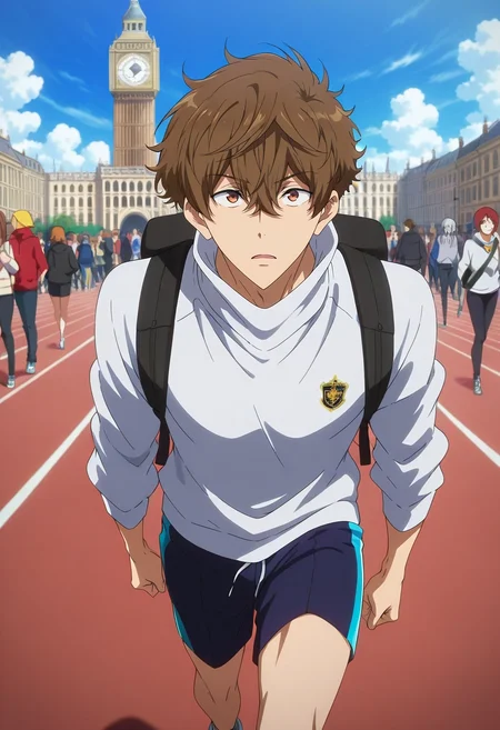masterpiece, best quality, intricate details, anime screencap, anime coloring, , , 1boy, solo, male focus, <lora:natsuya_kirishima_ilxl:0.98>, natsuya_kirishima, brown hair, brown eyes, short hair, hair between eyes, bangs, Big Ben, London, iconic clock tower, crowded square, looking up, awe-struck expression, cloudy sky, Satin Running shorts, Corduroy Silver Abstract Polo sweater, Canvas sneakers, Bandana, Hiking Pack
