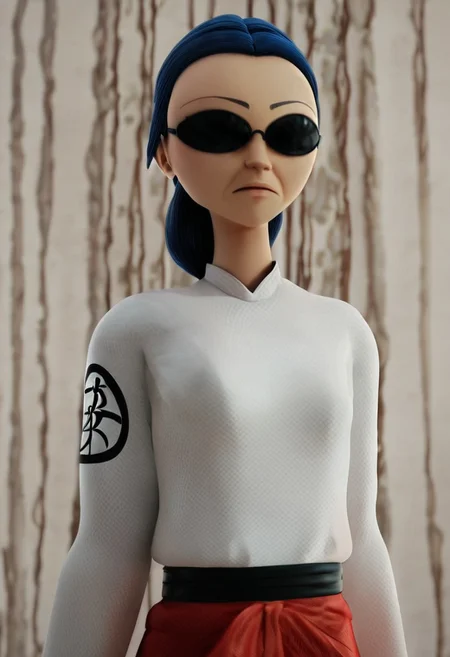 core_9_up, core_8_up, core_7_up, Miraculous style, Tomoe Tsurugi, blind, pale-skinned, blue hair, black sunglasses, Chignon style, long hair,
white long-sleeved shirt with a Cheongsam collar, black waistband, red culottes pants