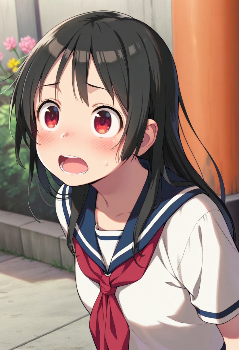 masterpiece,best quality,amazing quality, fushimi inari, black hair, red eyes, long hair, 1girl, school uniform, solo, serafuku, flower, blush, open mouth