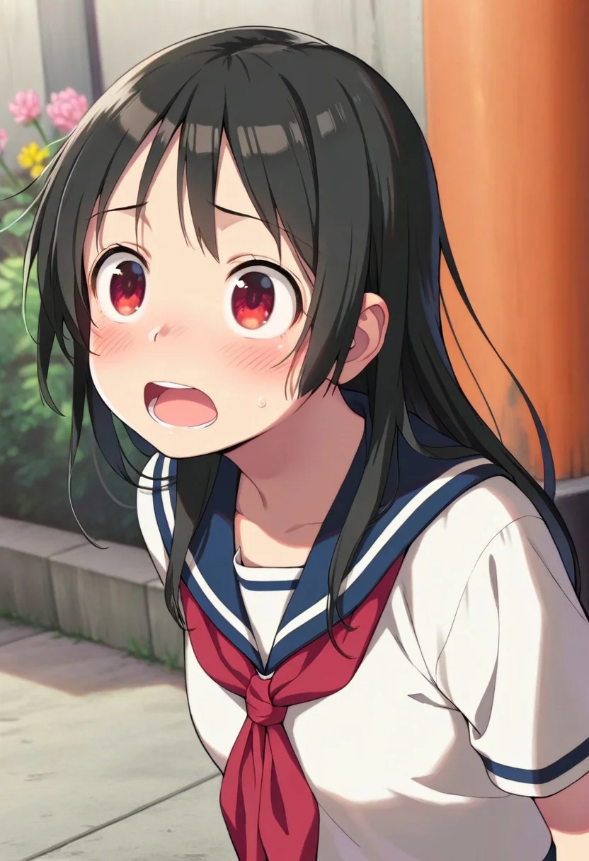 masterpiece,best quality,amazing quality, fushimi inari, black hair, red eyes, long hair, 1girl, school uniform, solo, serafuku, flower, blush, open mouth