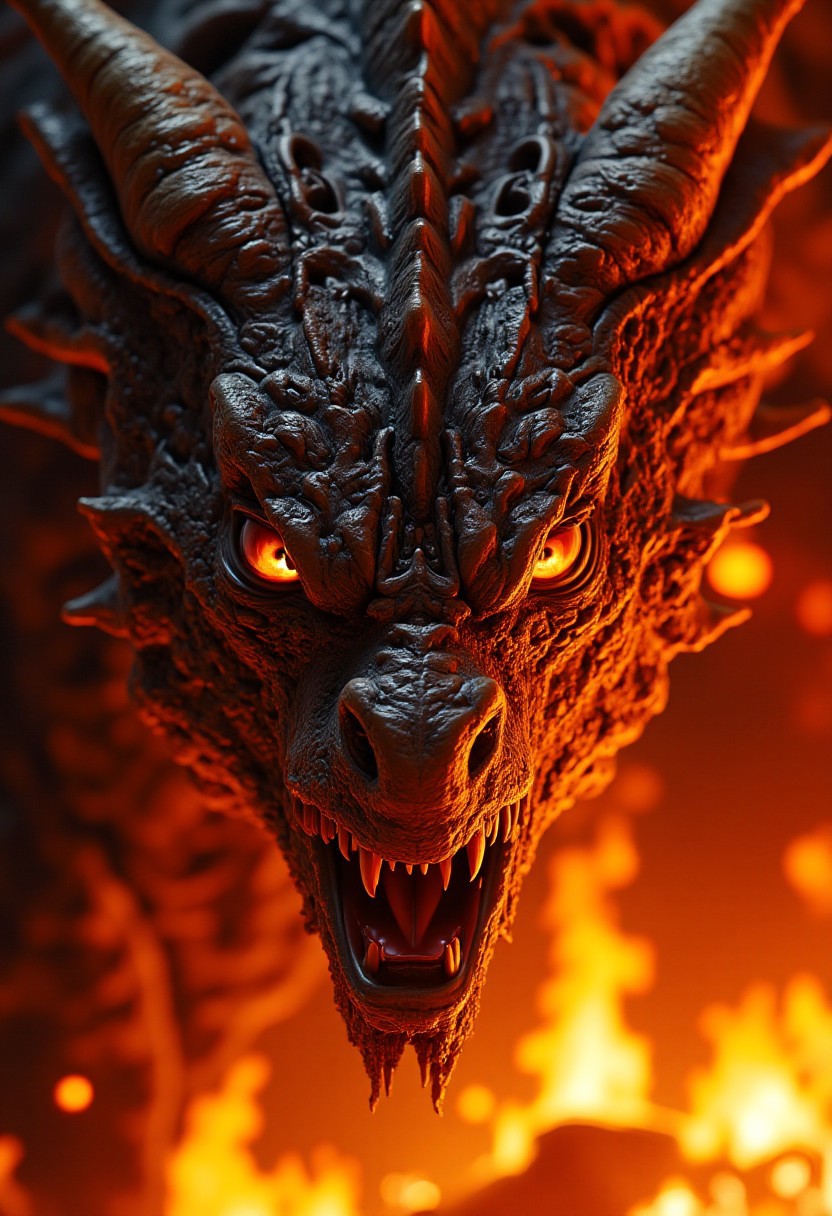 Detailed, masterpiece, professional, bold colors, octane render, photography, HDR, "Close-up of a highly detailed, realistic dragon's face. The dragon has rugged, textured scales with intricate patterns, sharp, gleaming eyes that reflect an intense, fiery glow, and a set of menacing, curved horns. Its nostrils flare as it breathes, with smoke curling out, and its mouth is slightly open, revealing sharp, jagged teeth. The background is filled with roaring flames, casting a fierce, fiery light onto the dragon's face, highlighting every scale and feature with a dramatic intensity. The overall atmosphere is powerful and fearsome."