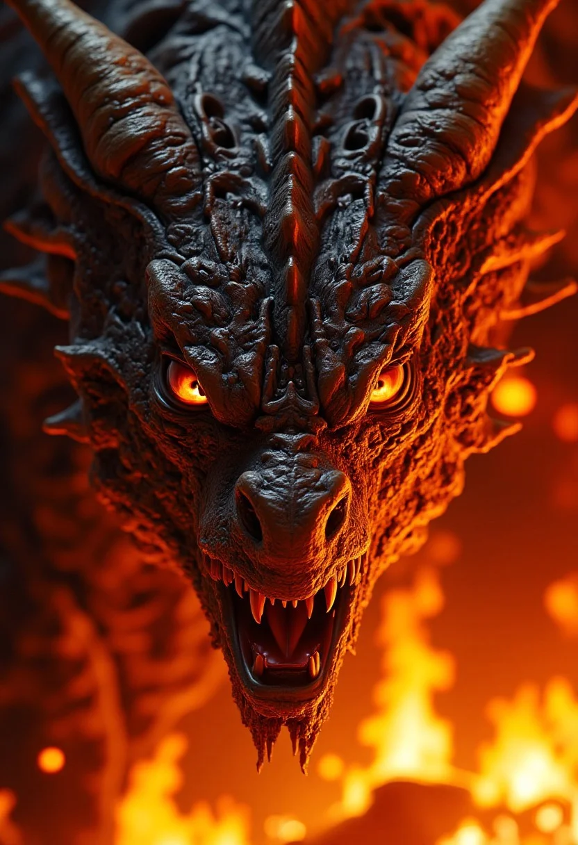 Detailed, masterpiece, professional, bold colors, octane render, photography, HDR, "Close-up of a highly detailed, realistic dragon's face. The dragon has rugged, textured scales with intricate patterns, sharp, gleaming eyes that reflect an intense, fiery glow, and a set of menacing, curved horns. Its nostrils flare as it breathes, with smoke curling out, and its mouth is slightly open, revealing sharp, jagged teeth. The background is filled with roaring flames, casting a fierce, fiery light onto the dragon's face, highlighting every scale and feature with a dramatic intensity. The overall atmosphere is powerful and fearsome."
