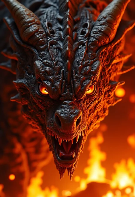 Detailed, masterpiece, professional, bold colors, octane render, photography, HDR, "Close-up of a highly detailed, realistic dragon's face. The dragon has rugged, textured scales with intricate patterns, sharp, gleaming eyes that reflect an intense, fiery glow, and a set of menacing, curved horns. Its nostrils flare as it breathes, with smoke curling out, and its mouth is slightly open, revealing sharp, jagged teeth. The background is filled with roaring flames, casting a fierce, fiery light onto the dragon's face, highlighting every scale and feature with a dramatic intensity. The overall atmosphere is powerful and fearsome."