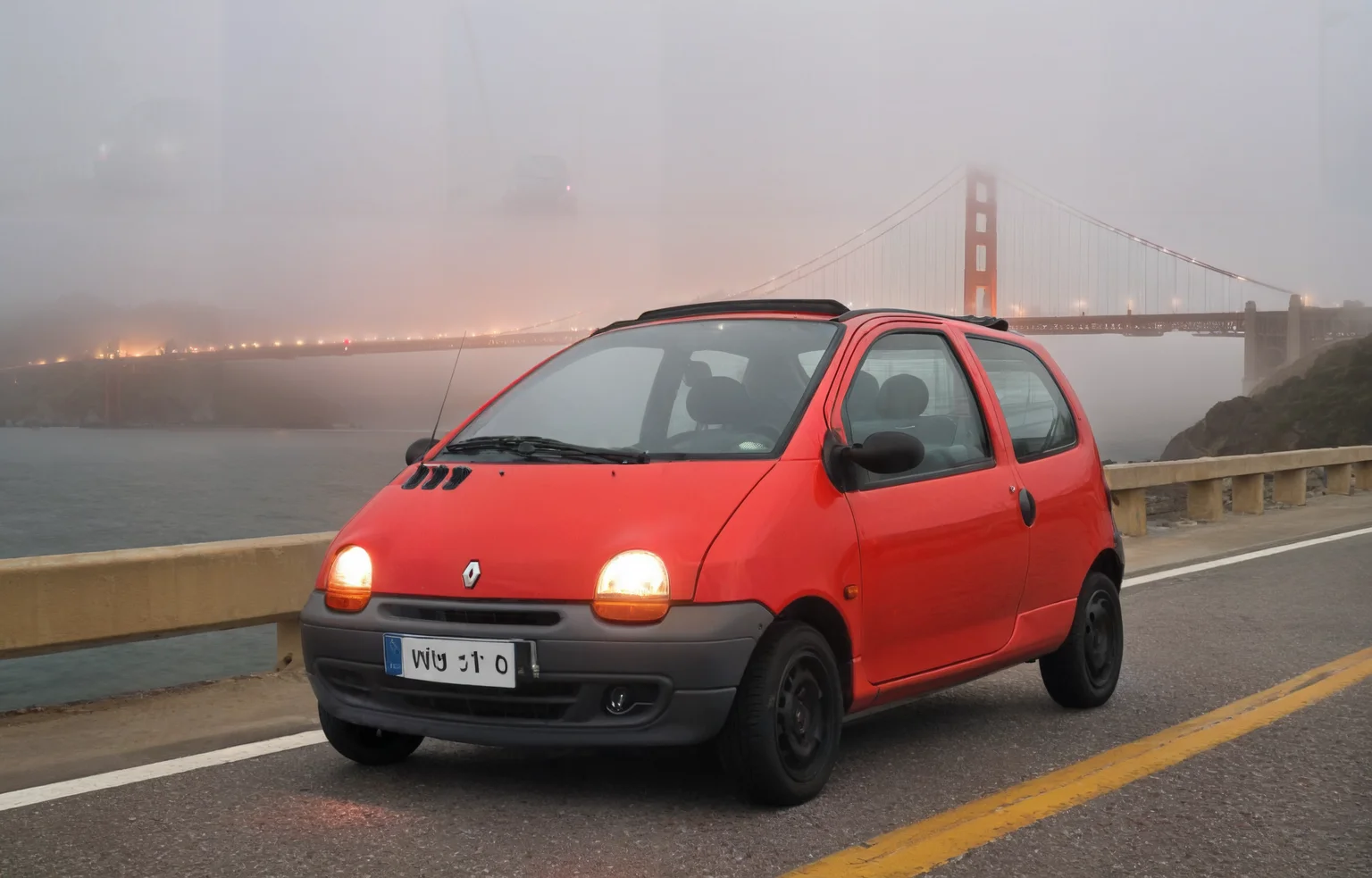 golden gate bridge at night, foggy, a black renault twingo car , red headlights, black wheels, from the front, headlights shining through the fog , horror movie atmosphere<lora:Twingo_SDXL:1>