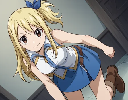score_9, score_8_up, score_7_up, source_anime,
lucyheartfilia, <lora:lucy-heartfilia-s7-ponyxl-lora-nochekaiser:1>,
lucy heartfilia, blonde hair, brown eyes, long hair,
one side up, ribbon, hair ribbon, blue ribbon, skirt, shirt, bare shoulders, boots, sleeveless, blue skirt, sleeveless shirt, white shirt, zipper,
indoors, bent over, smile,
looking at viewer, cowboy shot, solo, dutch angle,